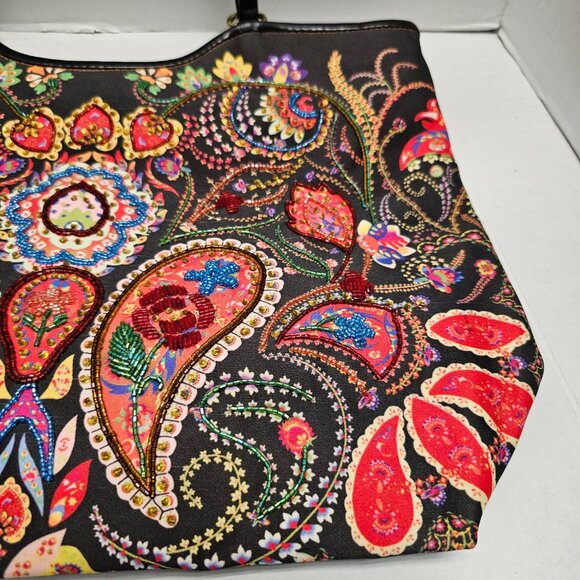 Womens Isabella Fiore Floral Flower Paisley Embroidered Beaded Tote Shoulder BAG - Picture 6 of 16